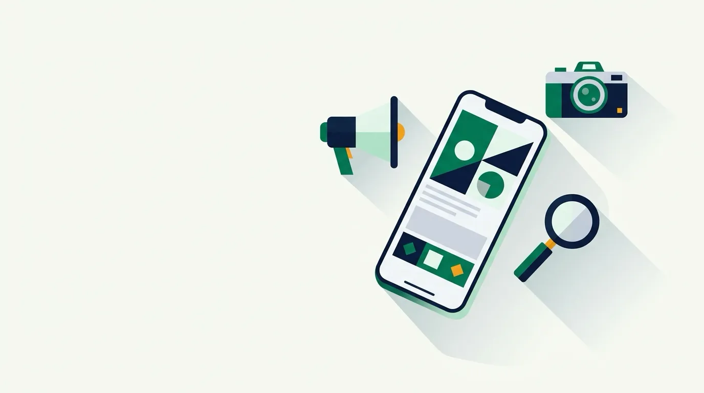 Megaphone, camera, and magnifier around a smartphone screen