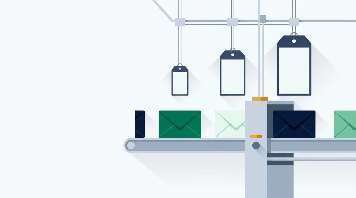 Envelopes on a conveyor belt moving past three blank price tags