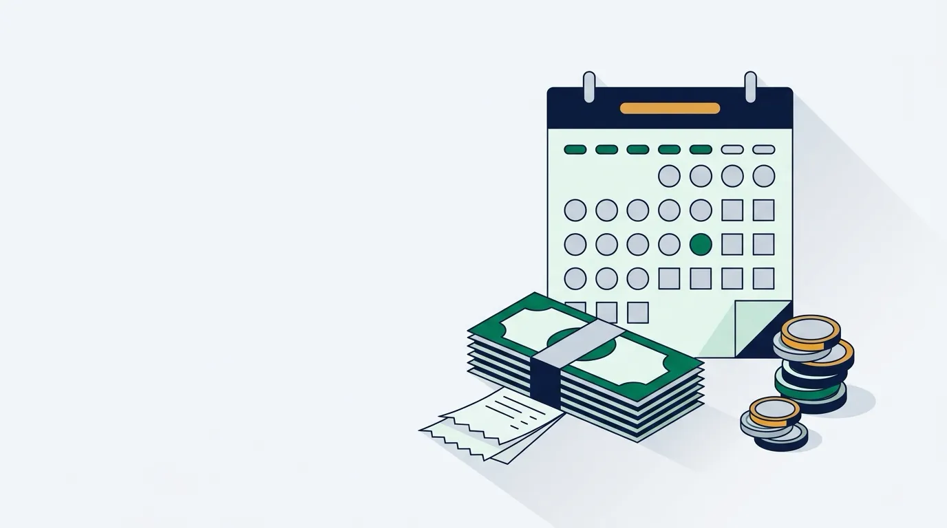 Wall calendar page with stacked bills, receipts, and a coin pile