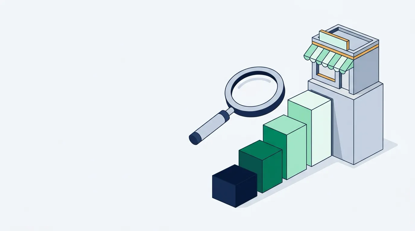 Magnifying glass examining ascending bar chart steps leading to a store