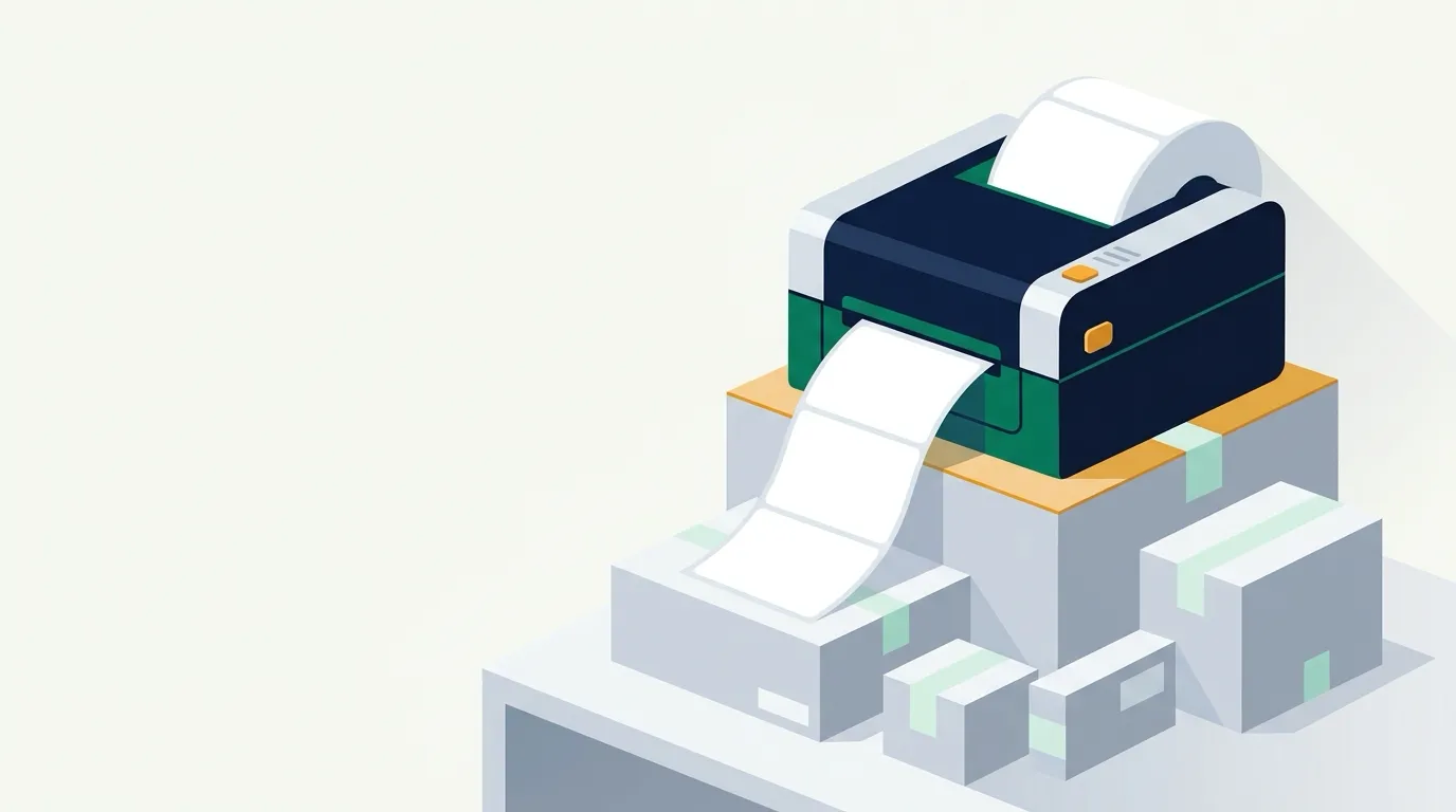 Label printer dispensing blank shipping labels onto a stack of parcels