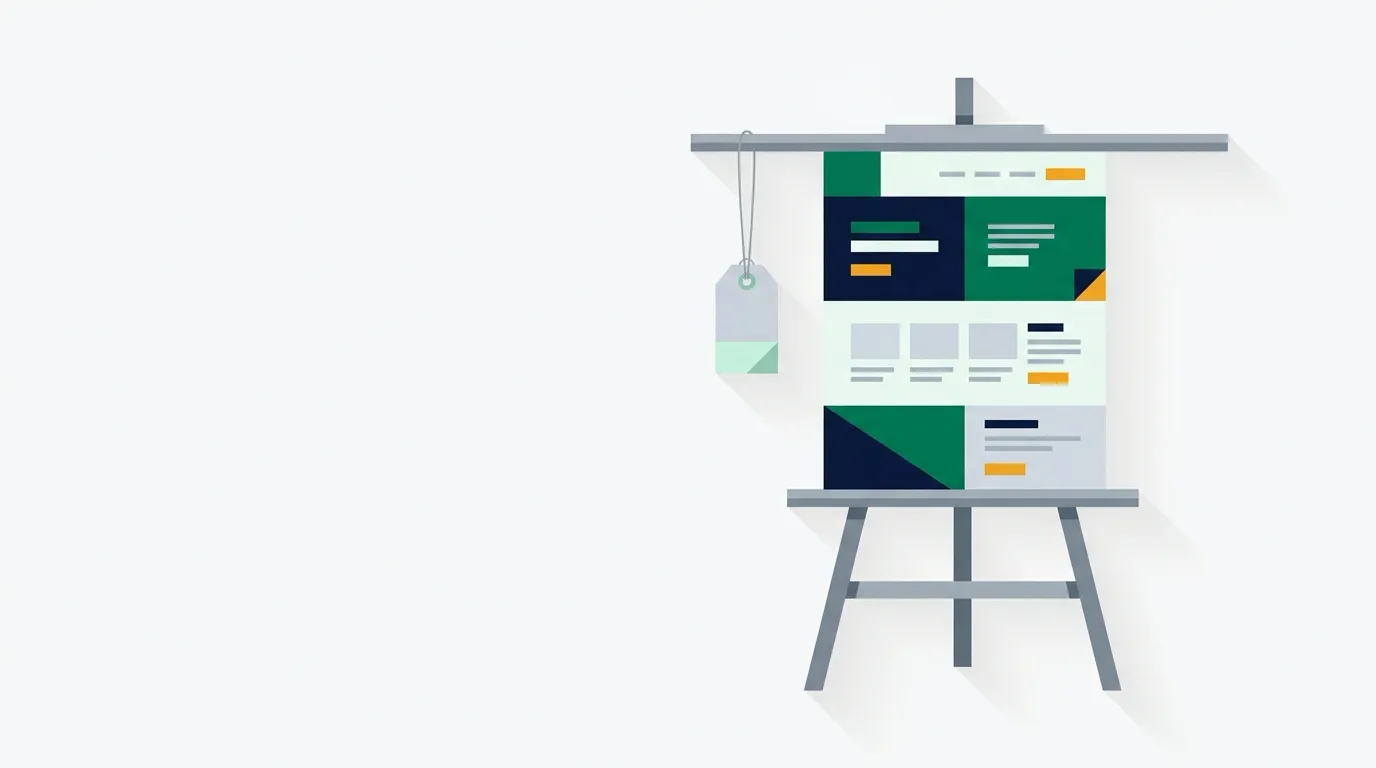 Website mockup on an artist easel with a blank price tag