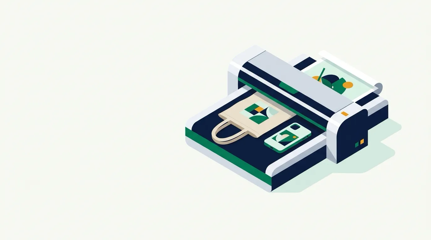 Isometric printer producing tote bag, phone case, and poster
