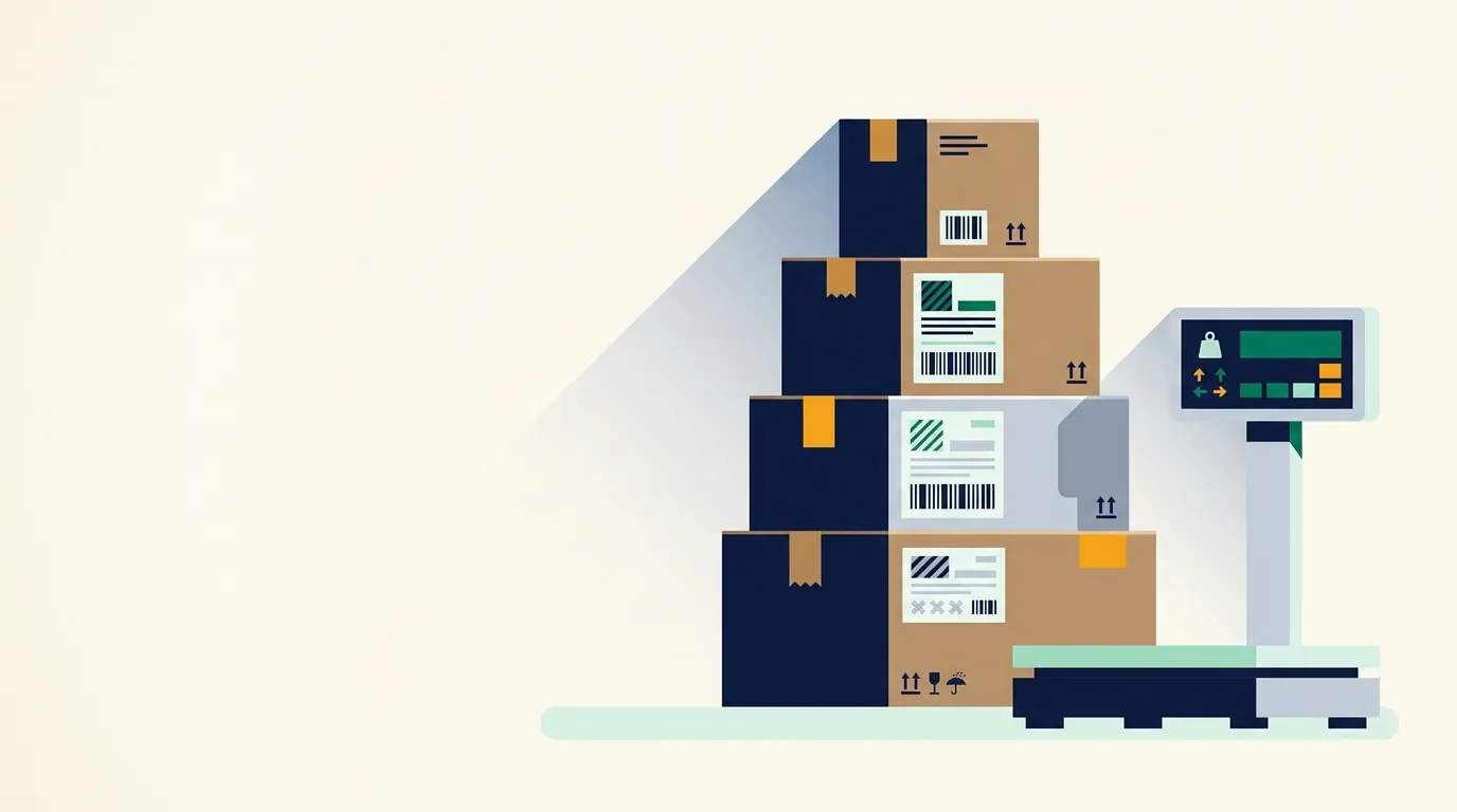 Stacked cardboard parcels with shipping labels on a scale