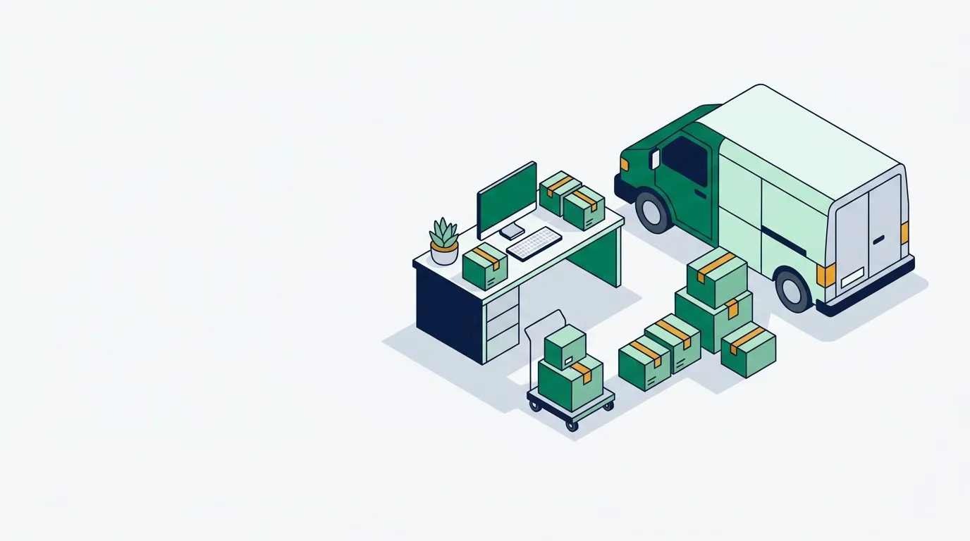 Isometric parcel delivery route from desk to delivery van