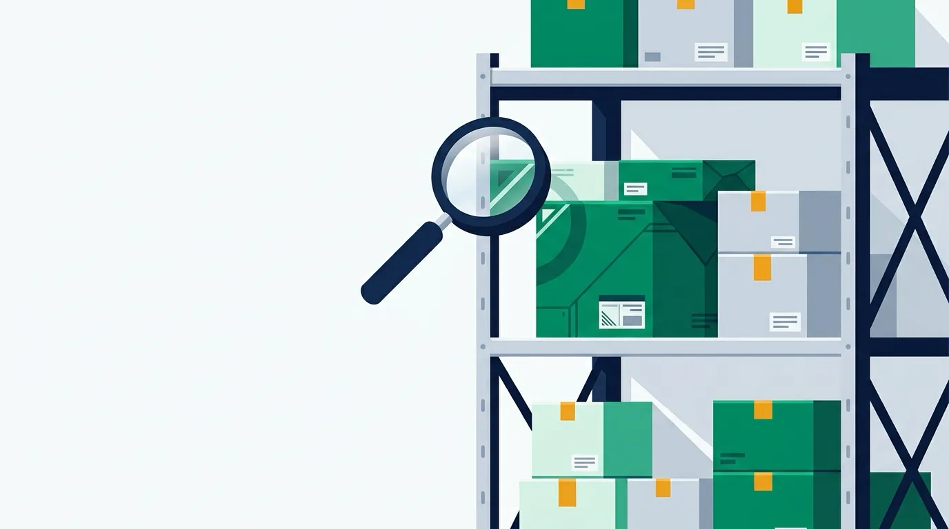 Warehouse shelves with inventory boxes and a magnifying glass
