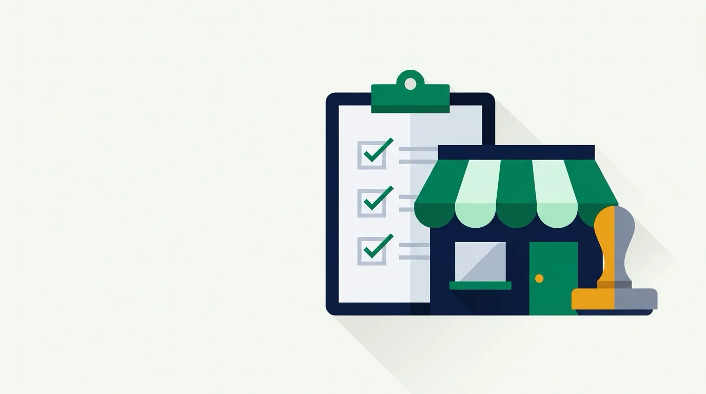 Checklist clipboard, rubber stamp, and small storefront