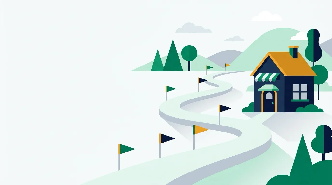 Winding path with milestone flags leading to a shop