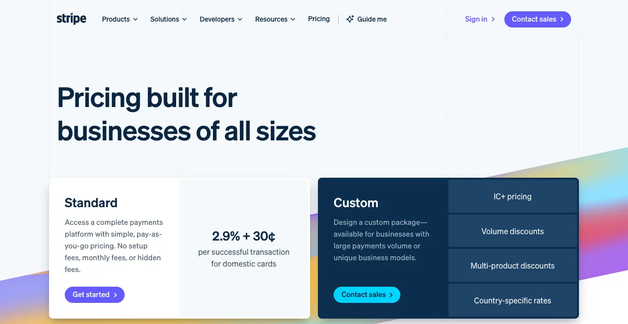 Stripe’s US pricing page, showing 2.9% + 30¢ per successful transaction for domestic cards.